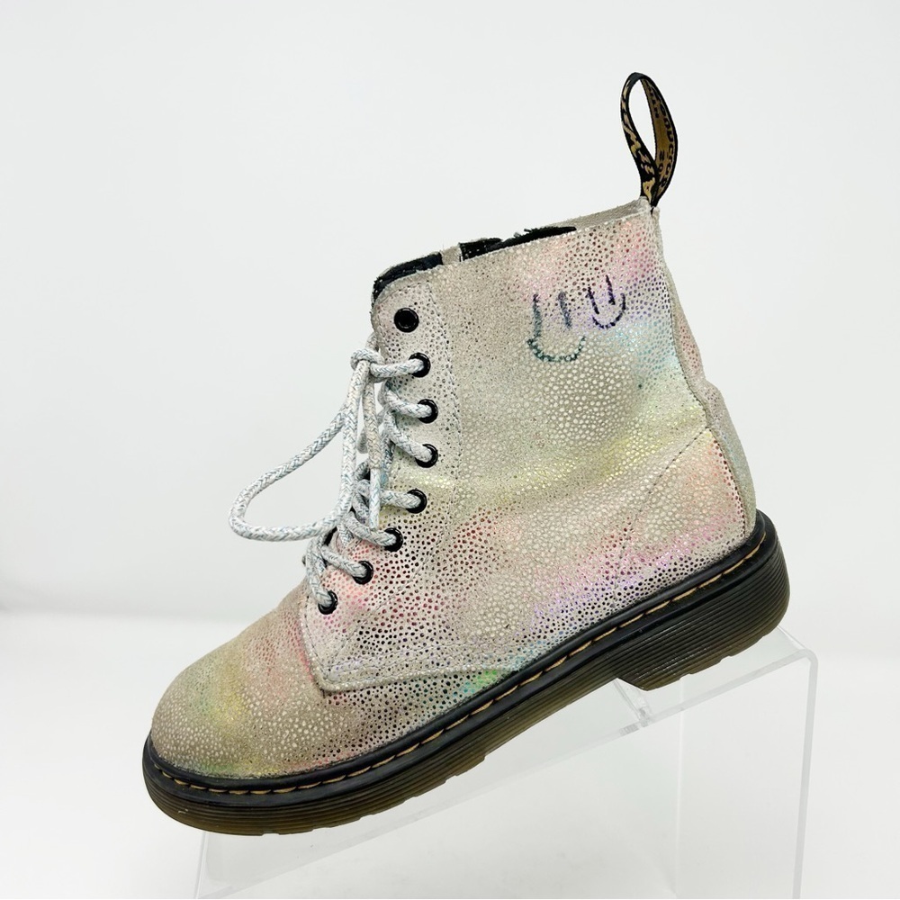 Dr. Martens Pascal White Metallic Rainbow Glitter Lace Up Kids Boots Size 3